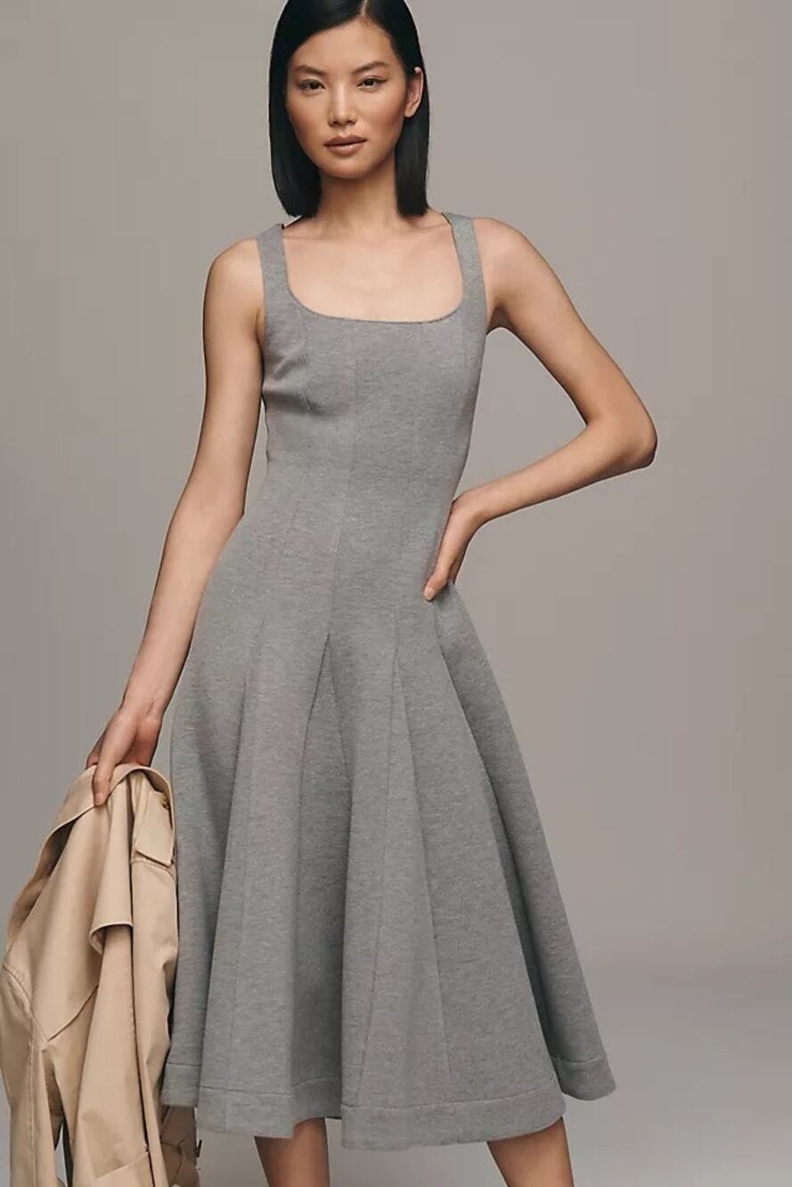 NWT Du Paradis Gray Sleeveless Neoprene A-Line Flare Midi Dress Womens XS